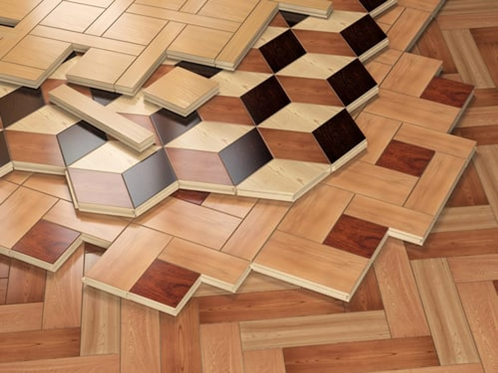 A range of hardwood, laminate and parquet flooring samples fanned out for an Oklahoma City project